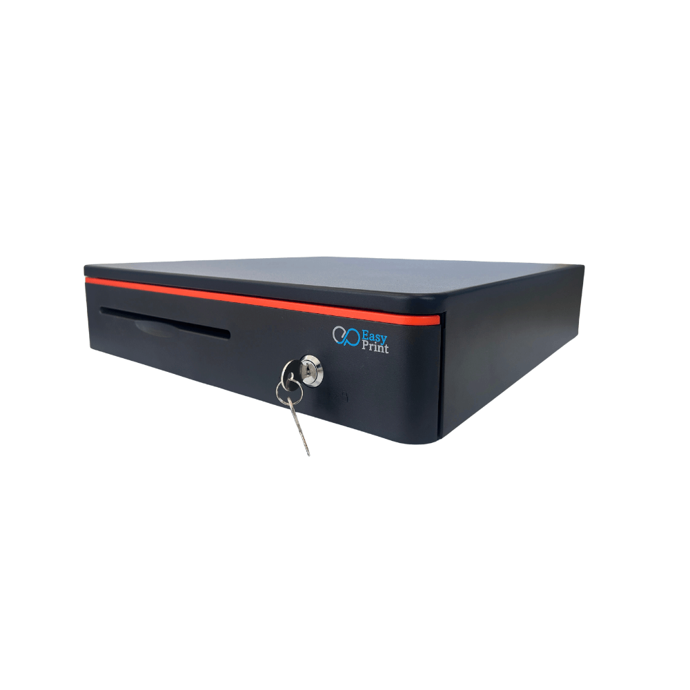 ลิ้นชักเก็บเงิน EASYPRINT รุ่น CD-405 สีดำ-ตัดขอบส้ม 4 ช่องธนบัตรขนาดใหญ่ 8 ช่องเหรียญ RJ11 12/24V_1